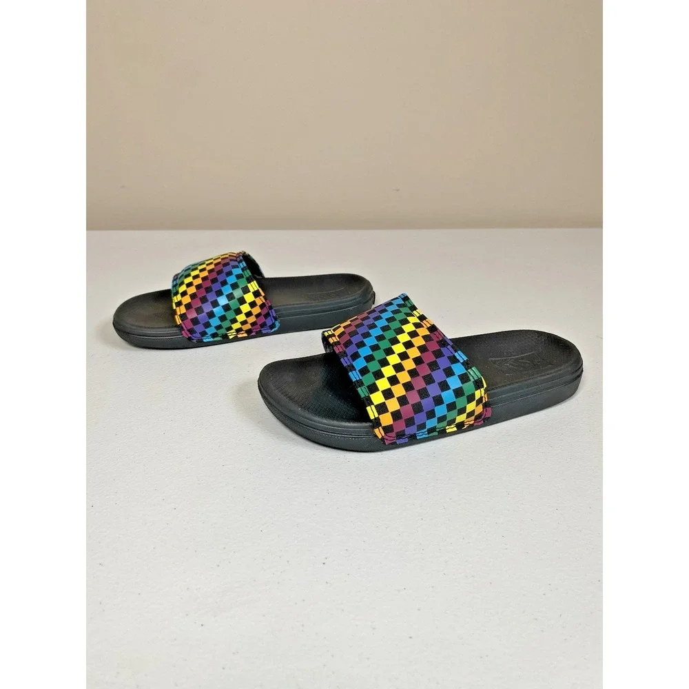 Vans Kids Unisex Slides Sandals Black Rainbow Checkerboard Size 13 Padded Retro‎